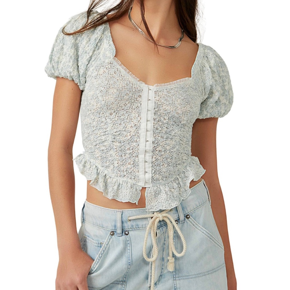 Free People Women's Oh Baby Puff-Sleeve Top Soft Blue Size M